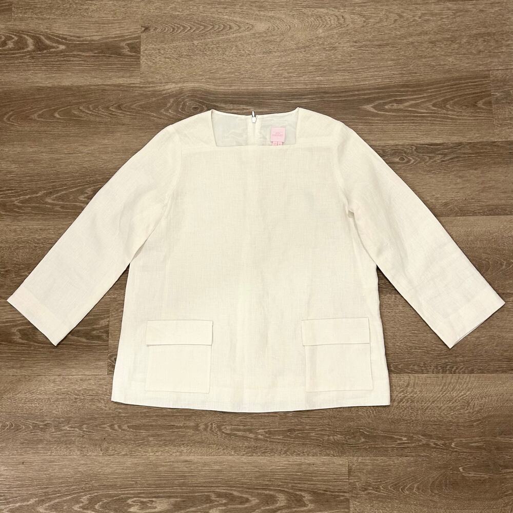 Ann Mashburn Linen Top‎ XS Ivory Square Neck Pocket Blouse